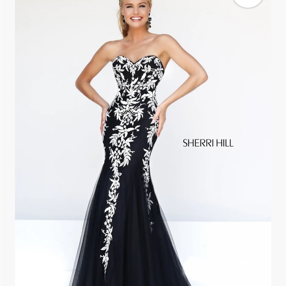 Sherri Hill Black and White Floral Strapless Dress